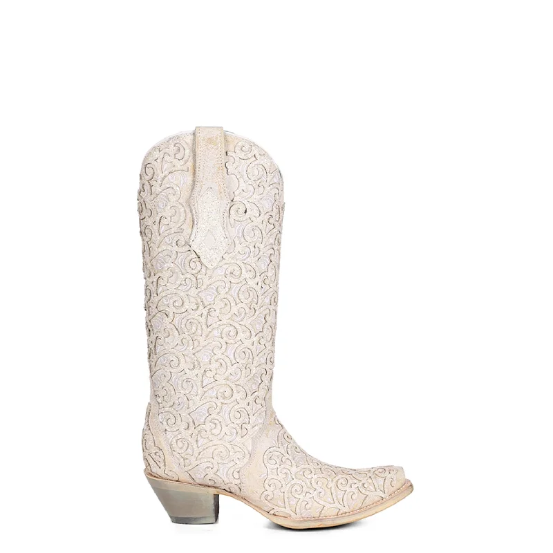 Corral Womens Glitter Overlay Triad Snip Toe White Cowhide 13.5in Cowboy Boots