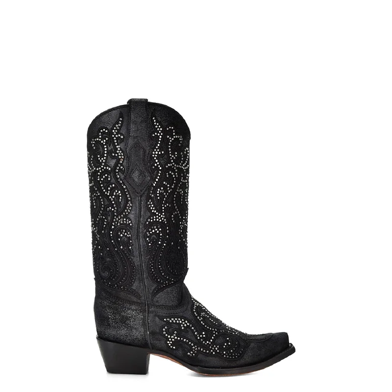 Corral Womens Tall Crystal Overlay Snip Black Cowhide 13in Cowboy Boots