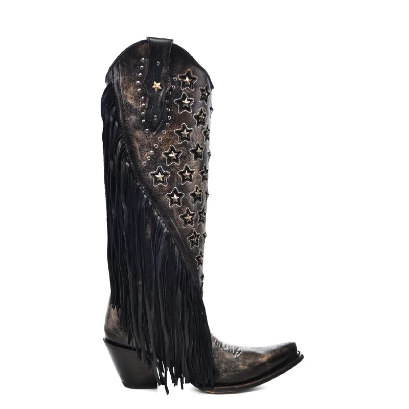 Corral Womens Stars Inlay Lamb Fringe Black Cowhide 15.5in Cowboy Boots