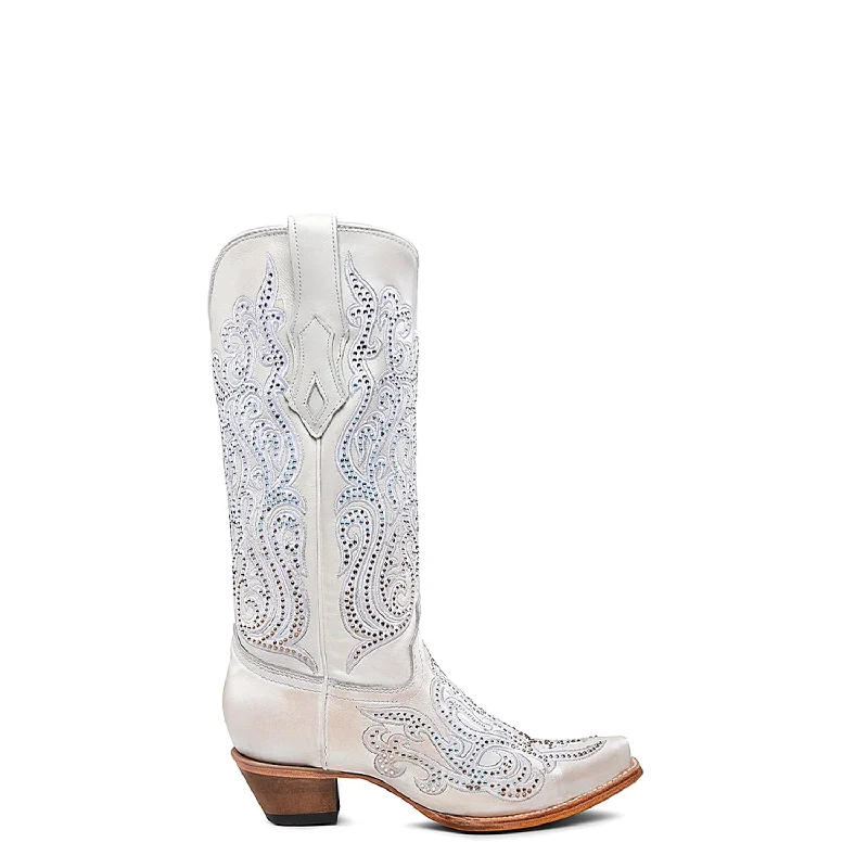 Corral Womens Tall Crystal Overlay Snip White Cowhide 13in Cowboy Boots