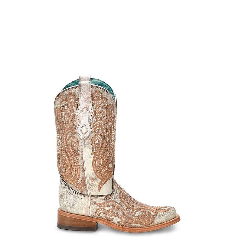 Corral Womens Distressed Crystals Square Toe White Cowhide 12in Cowboy Boots