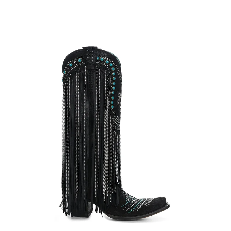 Corral Womens Crystal Eagle Lamb Fringe Black Cowhide 14in Cowboy Boots