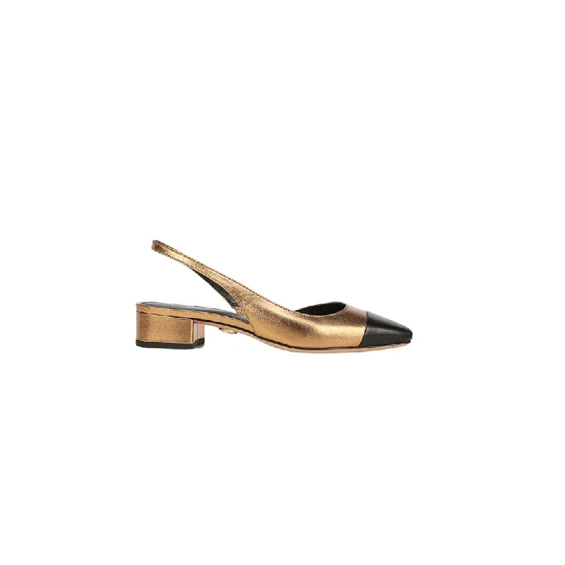 Cecile Leather Cap-Toe Slingback Black Gold