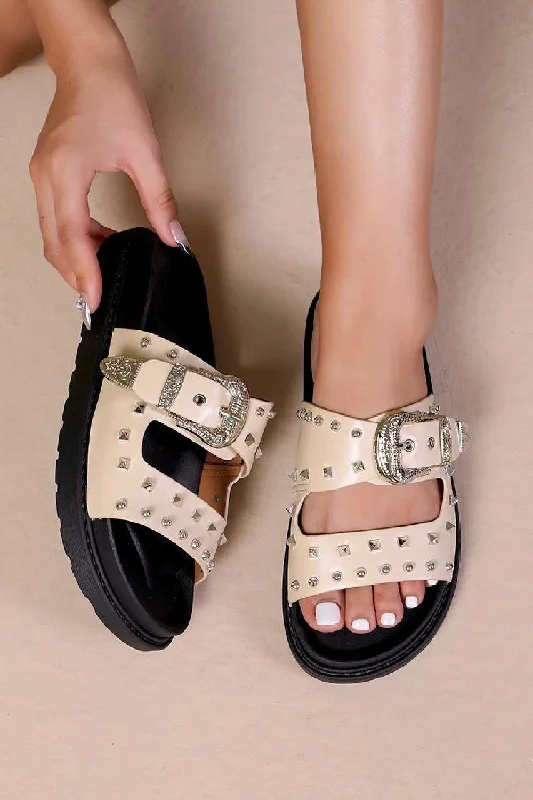 BEIGE WESTERN BUCKLE STUDDED SLIDERS FLAT SANDALS