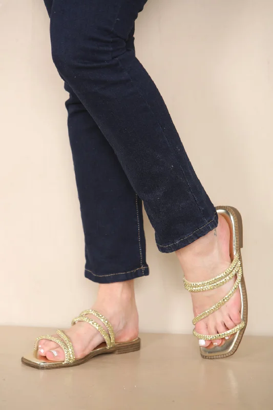 GOLD EMBELLISHED STRAPPY SPARKLY FLAT SANDALS