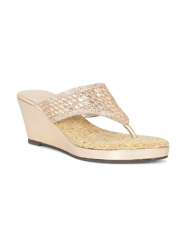 Women Rose Gold Embellished Ethnic Wedge Sandals