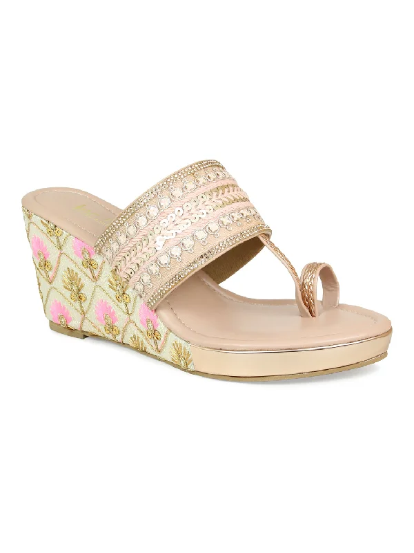 Women Peach Embellished Ethnic Wedge Sandals