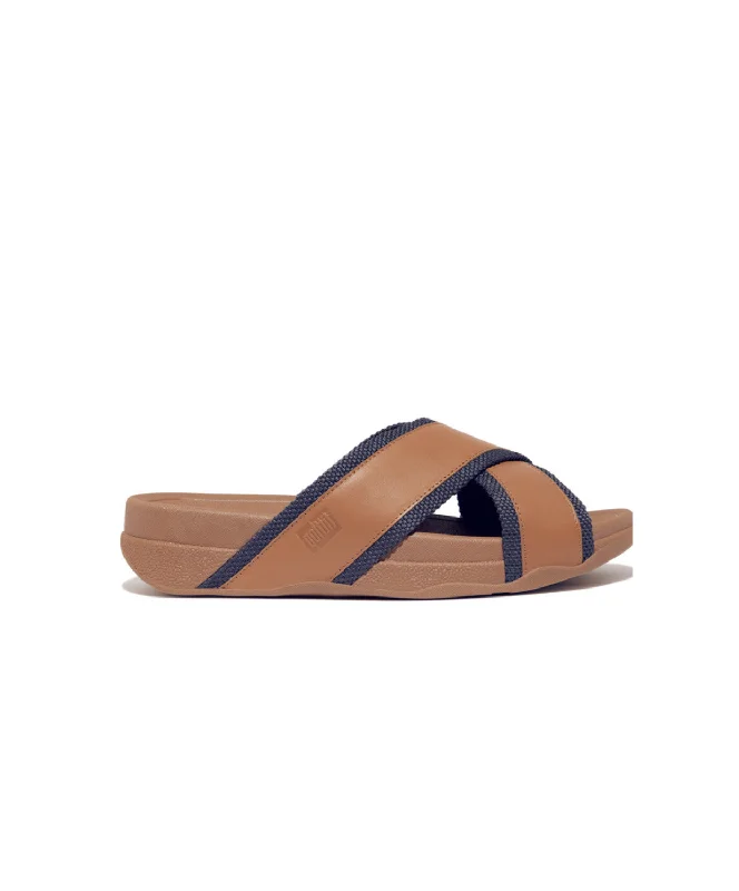 Fitflop Surfers Men's Webbing Leather Cross Slides Desert Tan