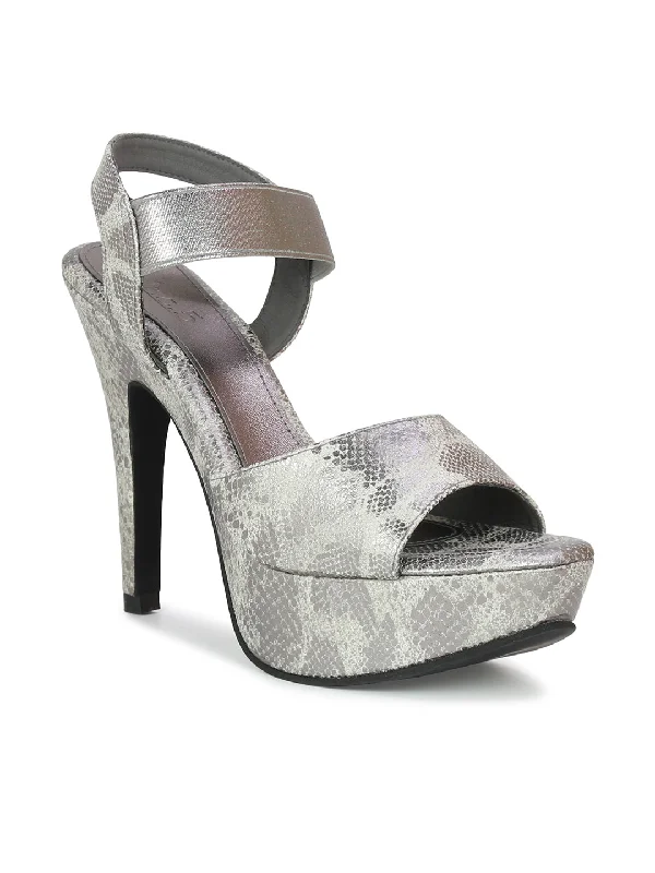 Women Gun Metal Textured & Embellished Party Stiletto Sandals