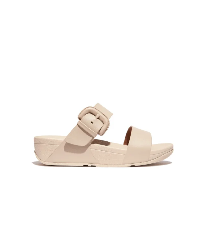 FitFlop Lulu Covered Buckle Raw Edge Leather Slide Stone Beige