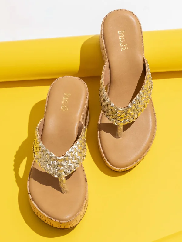 Women Gold-Toned Textured Wedge Sandals