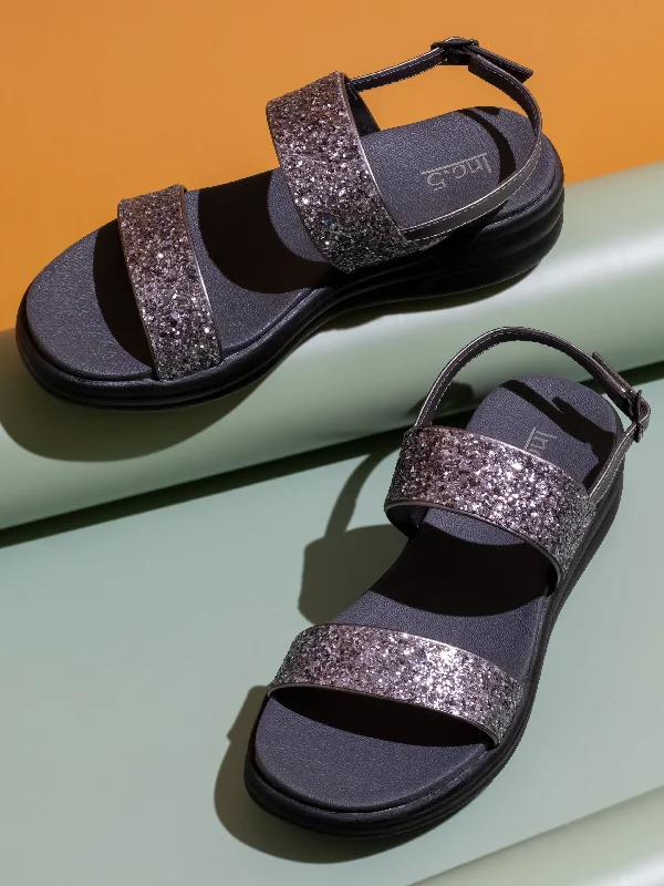 Women Pewter Embellished Open Toe Comfort Sandals with Buckles