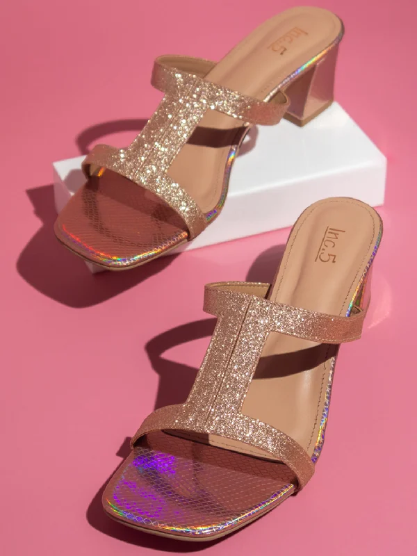 Women Rose Gold Embellished Block Sandals