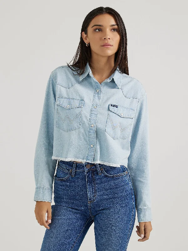 Cut-Off Denim Boyfriend Snap Shirt - Light Wash