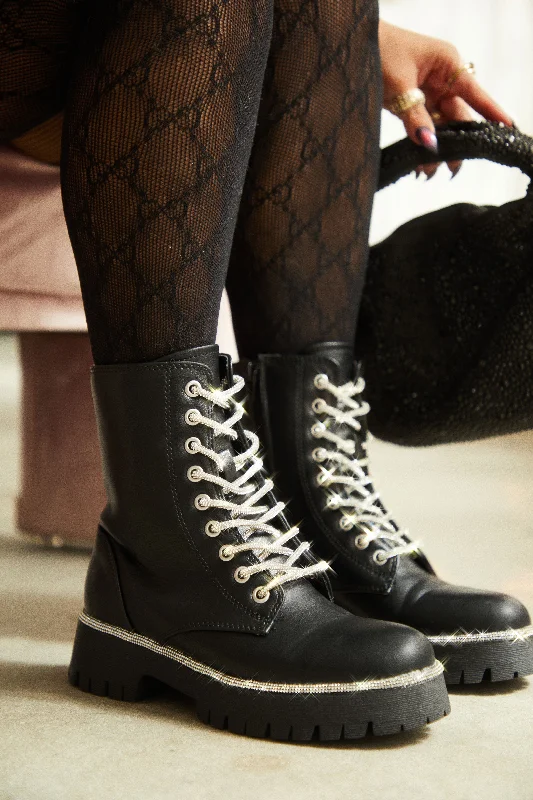 Anesia Embellished Combat Boots - Black