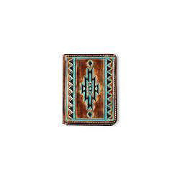 Ariat Brown Leather Bifold Wallet with Embossed Southwest Pattern Trimmed in Turquoise