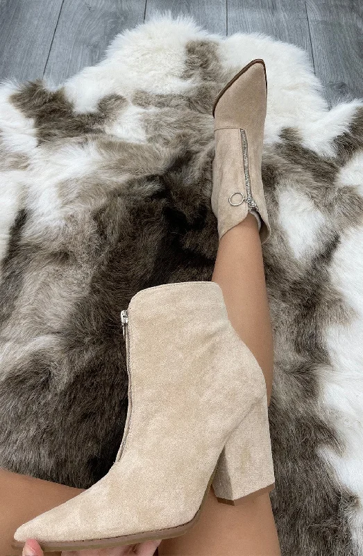 Beige Classic Zip Up Faux Suede Heeled Cowboy Boot