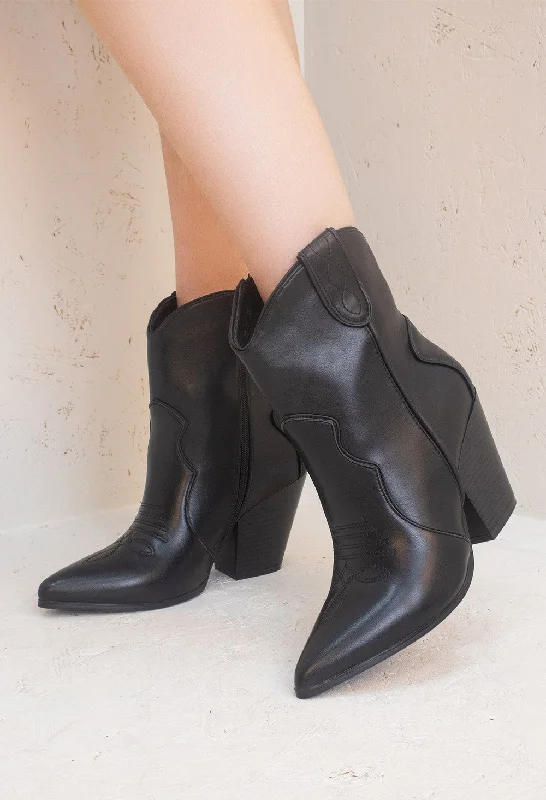 Black Ankle PU Leather Detailed Cowboy Boots