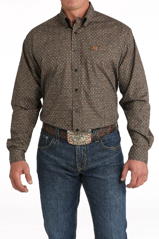 Cinch Brown Geometric Print Button-Down Shirt for Men