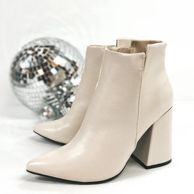 Every Night Pointed Toe Booties with Block Heel in Ivory