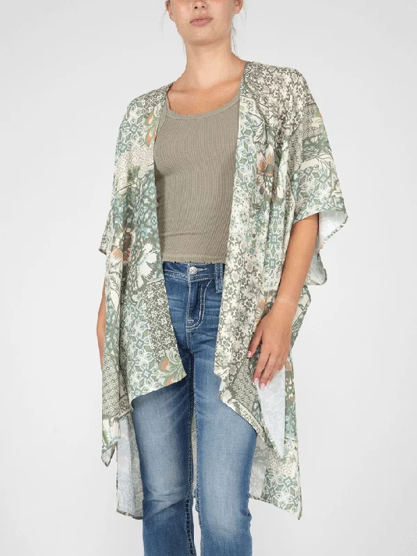 Miss Me MJ0638S Womens Floral Print Kimono With Crochet Trim Green