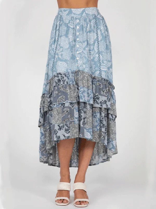 Miss Me MS0133L Womens Long Tiered Ruffled Floral Skirt Blue