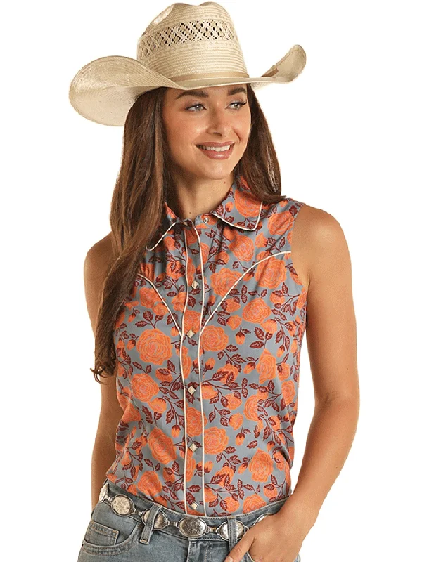 Rock & Roll Denim BWN0S03262 Womens Floral Sleeveless Snap Shirt Orange