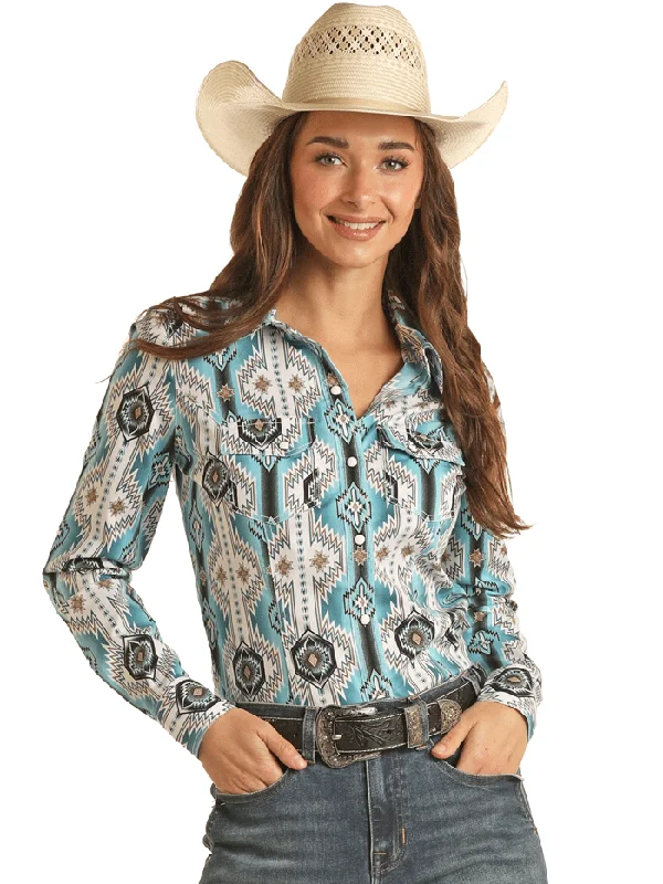 Rock & Roll Denim BWN2S03358 Womens Aztec Print Long Sleeve Shirt Turquoise