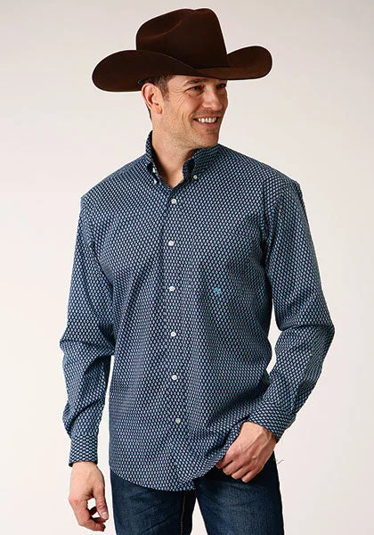 Roper Apparel Navy Diamond Print Button-Down Stretch Shirt for Men