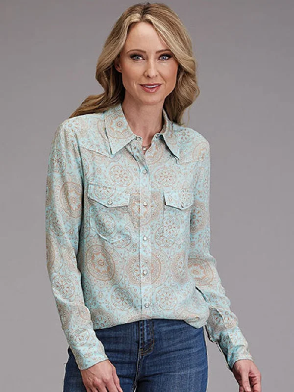 Stetson 11-050-0590-2014 Womens Mandala Print Western Blouse Light Blue