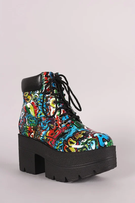 Shoe Republic LA Graffiti Lug Sole Chunky Platform Booties