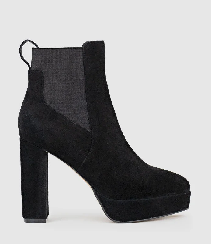 URSA110 Block Heel Platform Boot in Black Suede