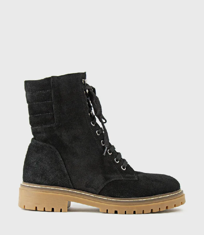 WODEN Lace Up Combat Boot in Black Suede