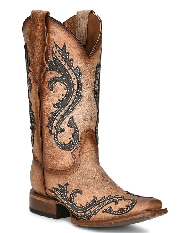 WOMEN'S CIRCLE G BROWN SQUARE TOE WESTERN BOOTS W/ GREY INLAY L2052