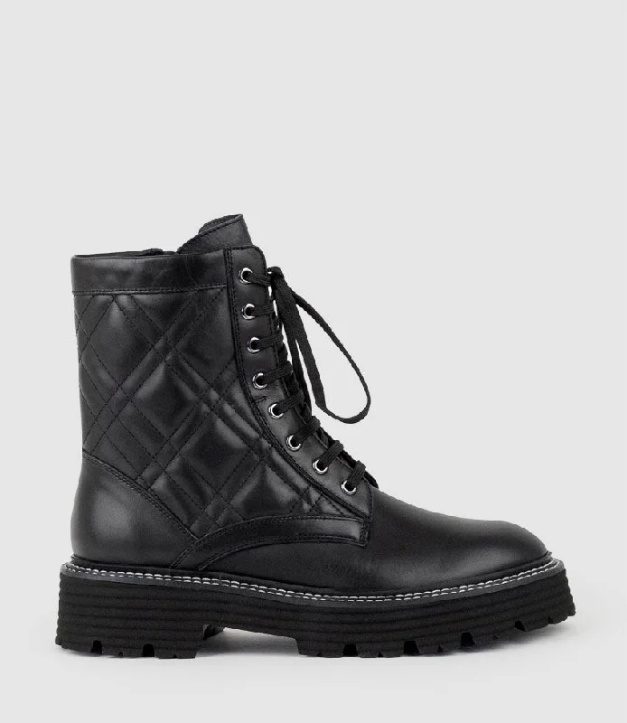 YASMIN Quilted Lace Up Boot in Black