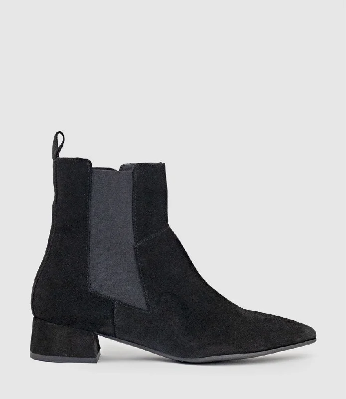 ZEBE35 Pointed Ankle Boot with Gusset in Black Suede